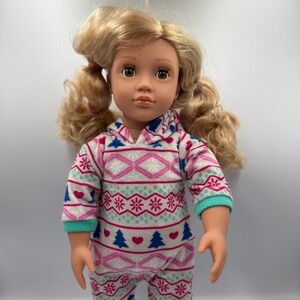 Our Generation 18" Doll Blonde Hair Green Eyes Battat Pajamas Fair Isle Hoodie